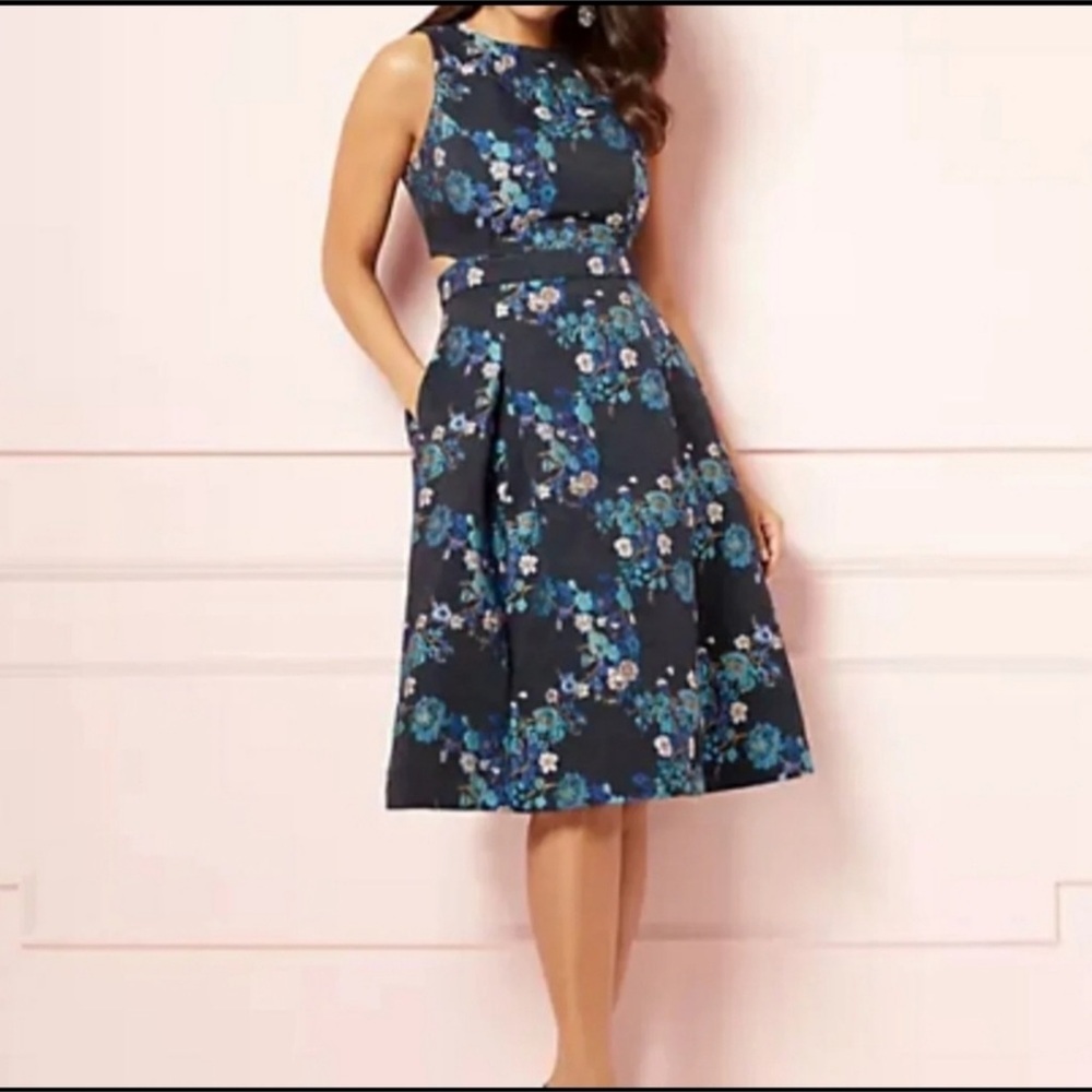 eva mendes for New York & Company Navy Floral Midi Dress with Blue Accents